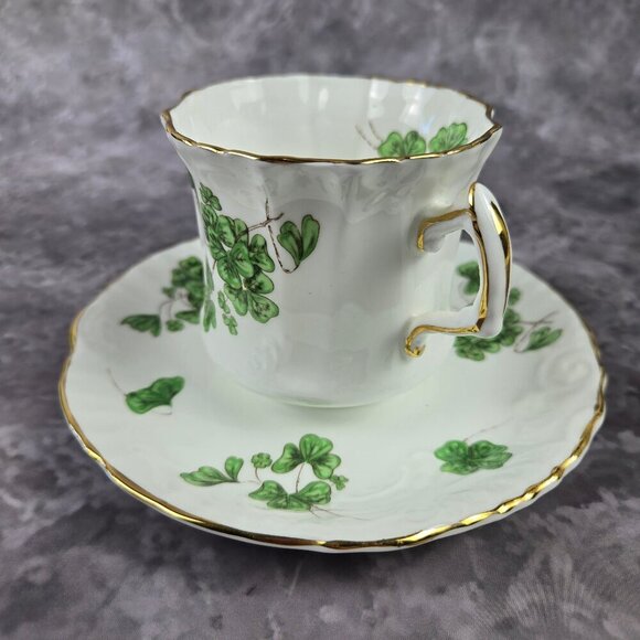 Hammersley & Co Lucky Shamrock Tea Cup & Saucer Bone China Gold Trim Vintage - Picture 2 of 16